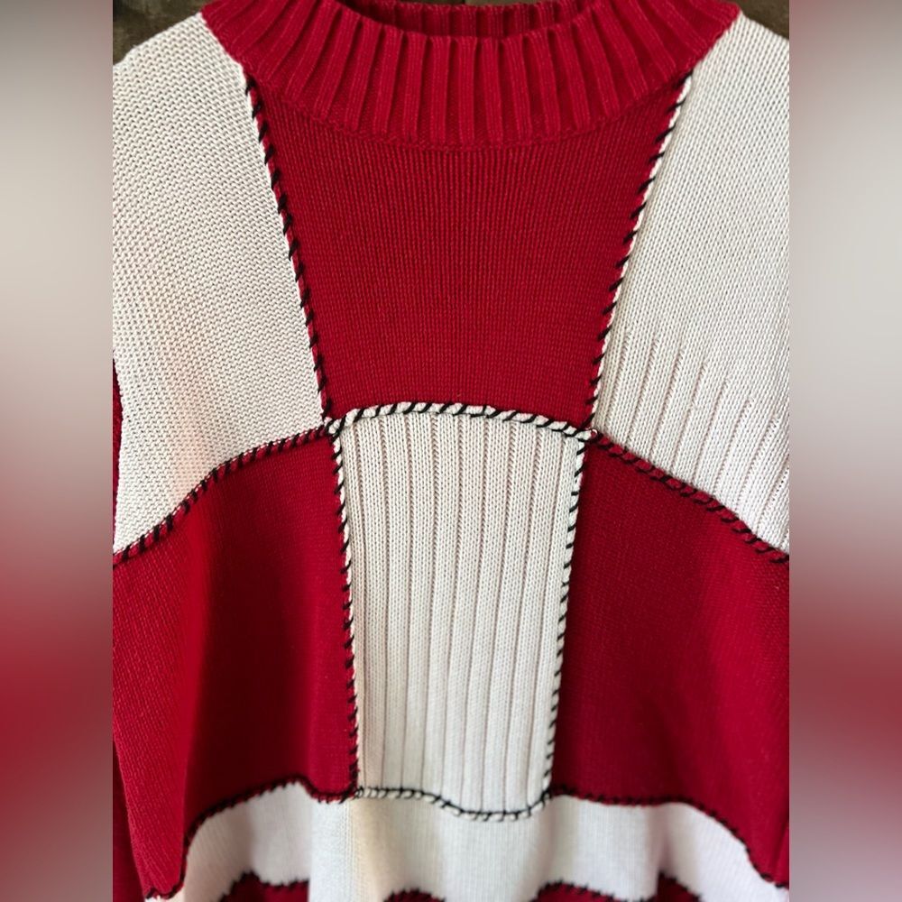 Vintage Liz Claiborne Lizsport Red White Patchwork Knit Sweater Cotton L - Picture 4 of 9